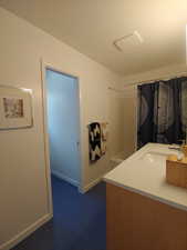 Bathroom with  Marmoleum flooring- (Eco friendly durable composite flooring)