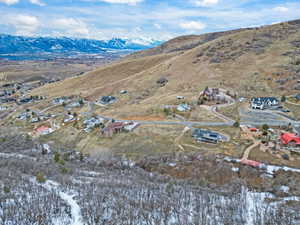 Aerial view of residential area with mountains