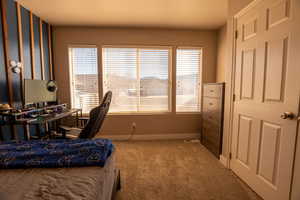 Bedroom featuring carpet floors and an office area