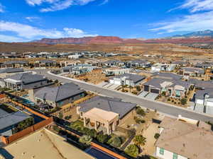 Aerial perspective of suburban area with mountains
