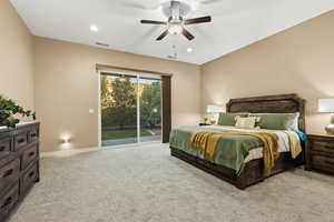 Bedroom with light carpet, access to outside, ceiling fan, and recessed lighting