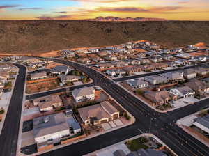 Aerial view at dusk of a residential view