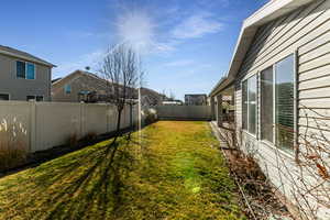 Fenced backyard featuring a residential view