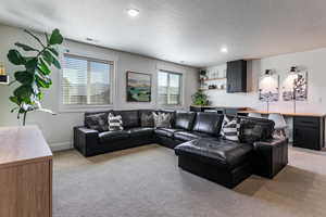 Living room with light colored carpet, a textured ceiling, and recessed lighting
