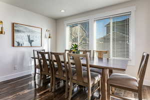 Dining room featuring dark wood-style floors and recessed lighting