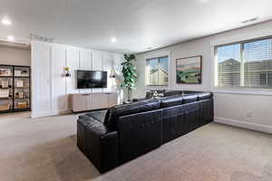 Living area with light colored carpet, plenty of natural light, recessed lighting, and a textured ceiling