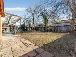 Fenced backyard with a patio