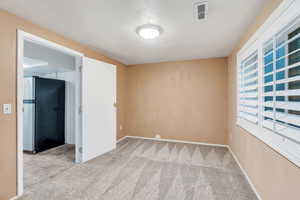 Basement bedroom with light carpet