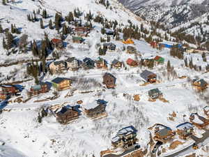 Snowy aerial view of Powder Mountain West subdivision at Powder Mountain
