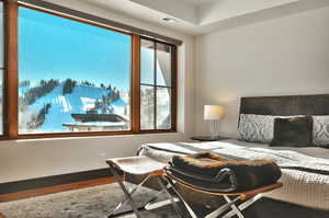 Bedroom with wood finished floors and baseboards