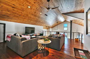 Living area featuring ceiling fan, hardwood / wood-style floors, wooden ceiling, lofted ceiling, and recessed lighting