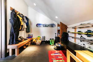 Gear room featuring a lofted ceiling and recessed lighting