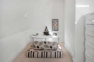 Hall featuring light colored carpet and lofted ceiling