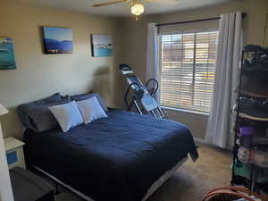 Carpeted bedroom with ceiling fan
