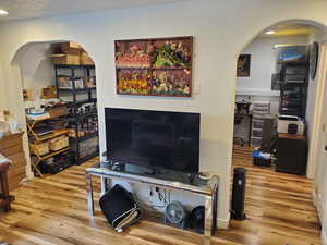 Living area featuring arched walkways, recessed lighting, and light wood finished floors