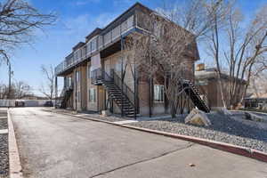 View of building exterior with stairway