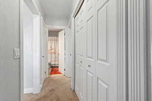 Hallway featuring light colored carpet