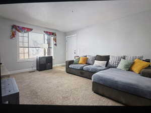 Carpeted living room with baseboards