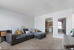 Carpeted living room with baseboards