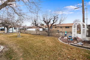 Fenced backyard featuring a storage shed and a residential view