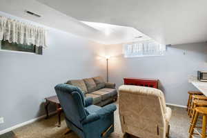 Mother In law basement apartment Carpeted living room featuring baseboards