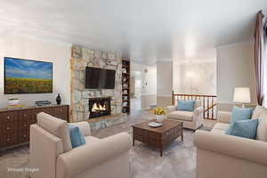 Carpeted front living area featuring ornamental molding and a stone fireplace