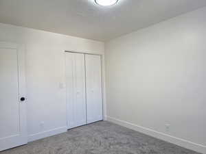 Unfurnished bedroom with carpet floors, a closet, and a textured ceiling