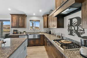 Kitchen with dark stone countertops, exhaust hood, stainless steel appliances, dark brown cabinetry, and recessed lighting