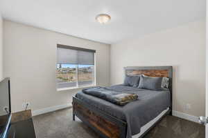 Bedroom featuring carpet and a textured ceiling