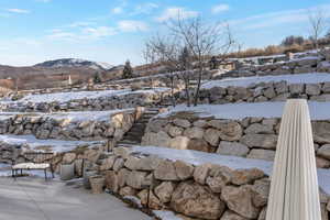 Exterior space with a mountain backdrop
