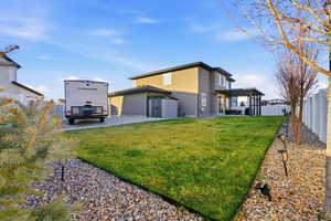 Rear view of house featuring a fenced backyard and stucco siding