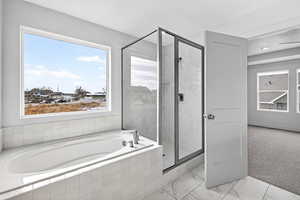 Bathroom with a shower stall, a bath, light carpet, and healthy amount of natural light