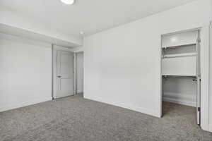 Unfurnished bedroom featuring carpet floors, a spacious closet, and a textured ceiling