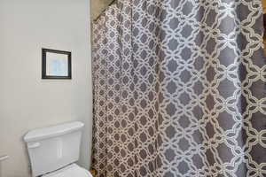 Bathroom with toilet and a shower with curtain