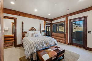 Bedroom featuring carpet, recessed lighting, and access to outside