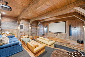 Home theater room featuring wood walls, carpet flooring, and a wood ceiling with exposed beams