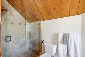 Full bath featuring a stall shower, vaulted ceiling, and wood ceiling