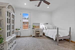 Bedroom #2 – En-Suite with Private Entrance. Carpeted bedroom with recessed lighting and ceiling fan