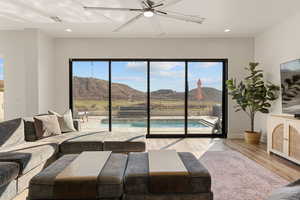 Living room with view of pool