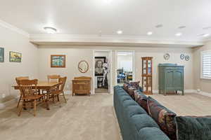 Living area featuring ornamental molding and light colored carpet