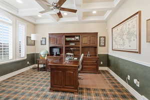 Office with coffered ceiling, beamed ceiling, recessed lighting, crown molding, and ceiling fan