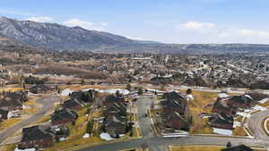 Aerial view of residential area with mountains