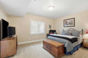 Bedroom featuring light colored carpet