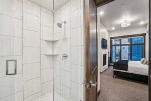 Full bath with a tile shower, carpet flooring, and ensuite bath