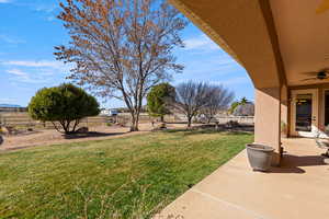 Fenced backyard featuring ceiling fan and a patio area