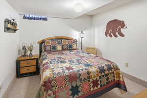 Bedroom with a textured ceiling and carpet flooring