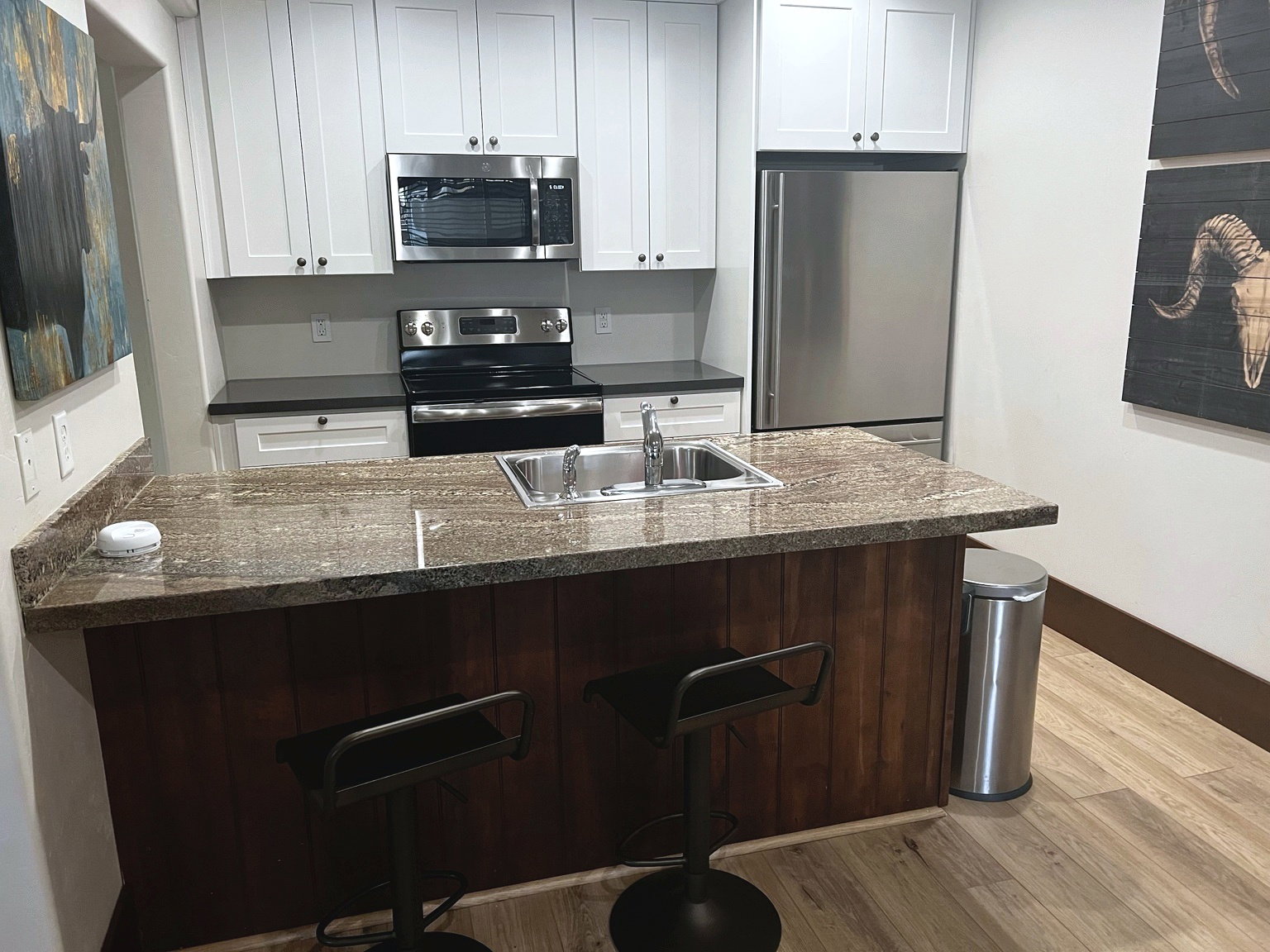Compact kitchen featuring an integrated stainless steel sink, white shaker-style cabinetry, stainless steel appliances, and a wood-finish floor