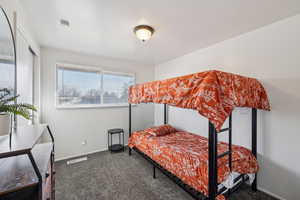 Bedroom with dark colored carpet
