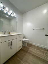 Bathroom featuring vanity, dark wood finished floors, and a shower