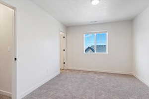 Empty room with light colored carpet and a textured ceiling